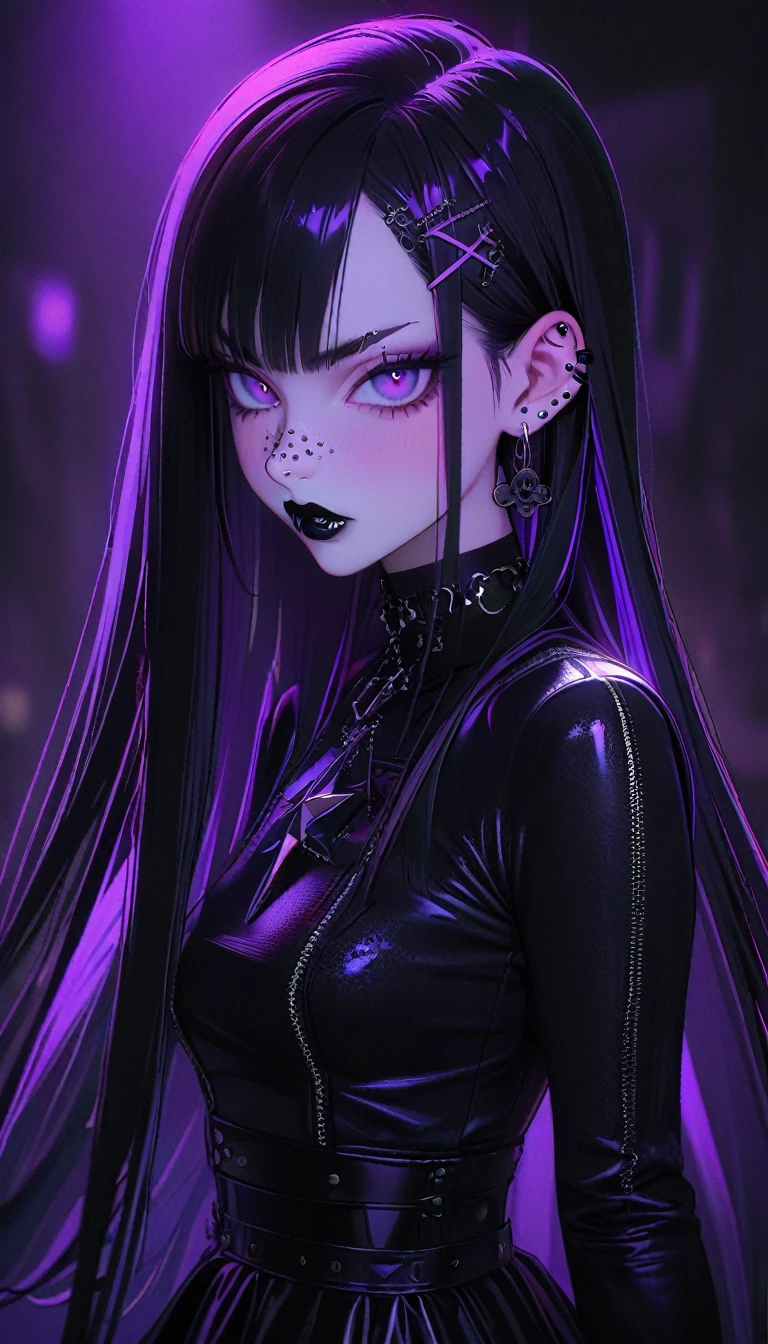 1girl,long straight hair split,green purple eyes,,black high waisted skirt , goth,black lips, perfect body, black lips , black nails, hair accessories, nose piercing, eyebrow piercing, spikey hair clips headphones,long cross earrings,8k,high definition ,neutral