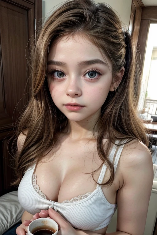 Karol Sevilla, High quality ultra-realistic image of a girl, holding a cup of coffee in hand. ( Pretty girl, cute and fine face, small , visible breastsa visibleutiful fine face, fine details, young and cute face, beautiful girl face, brown hair and big eyes, Very pretty young woman, beauty, small breasts, visible breetailed breasts , visible, very welled vagina