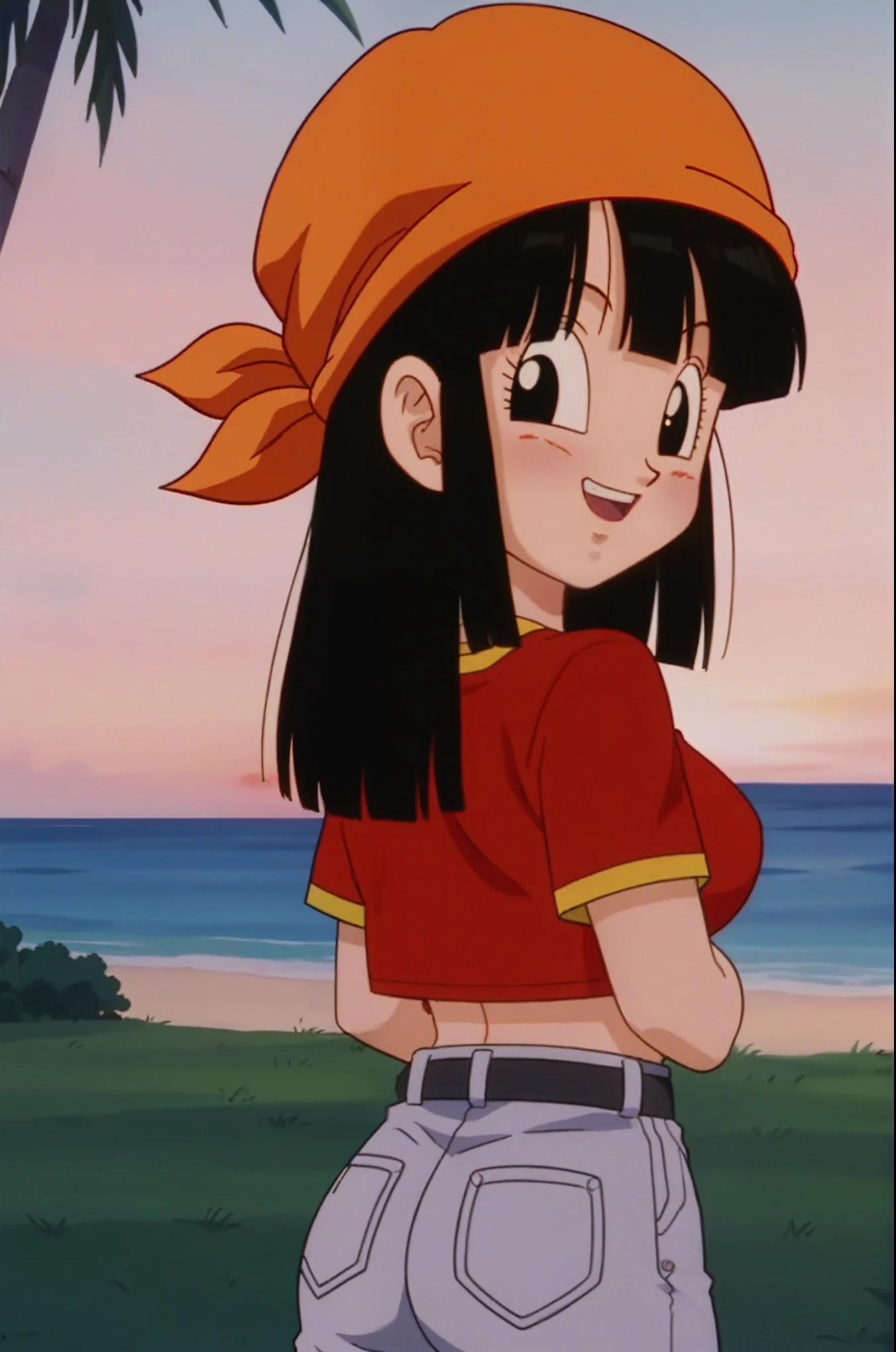 source_anime, score_9, score_8_up, score_7_up, anime screencap, 
pangt, 1girl, smile, bangs, happy, blushing, grass, black hair, sunset, Watching the sunset, beach in open sea sunset, sun, collarbone, whole body, teeth, blunt bangs, outdoors, black eyes, eyelashes, upper teeth only, red crop top, bandana, retro artstyle, , 1990s \(style\), orange headwear, medium ass, medium breasts