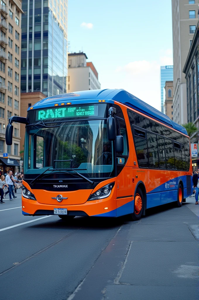 An orange and blue bus