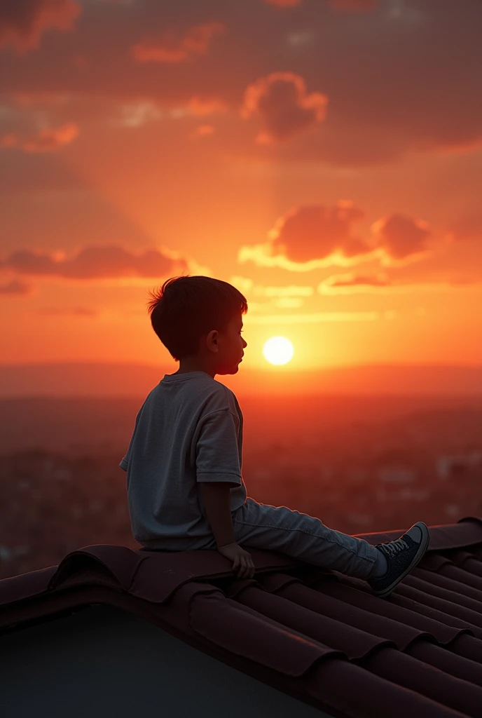 A sad child, watching the sunset, sitting on the roof of his house.