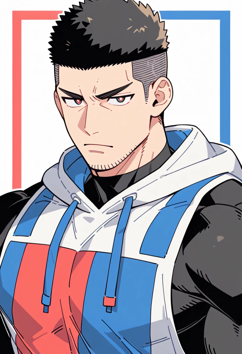 anime characters:Slam Dunk-Sakuragi Hanamichi, Black Black Skin Muscle Sports Student, Manliness, male focus, Sports tight hooded sweatshirt, Wear a high-necked tights underneath, Very tight, Huge pectoral muscles, muscular male, muscular, only, Upper body, alone, Red short hair, Thick eyebrows, Stubble, Brown-red pupils, White background, Solid color background, Clean background, simple background, amazing quality, best aesthetics, Ridiculous, crew cut, bright pupils, frown, angry, negative space, negative space, best quality