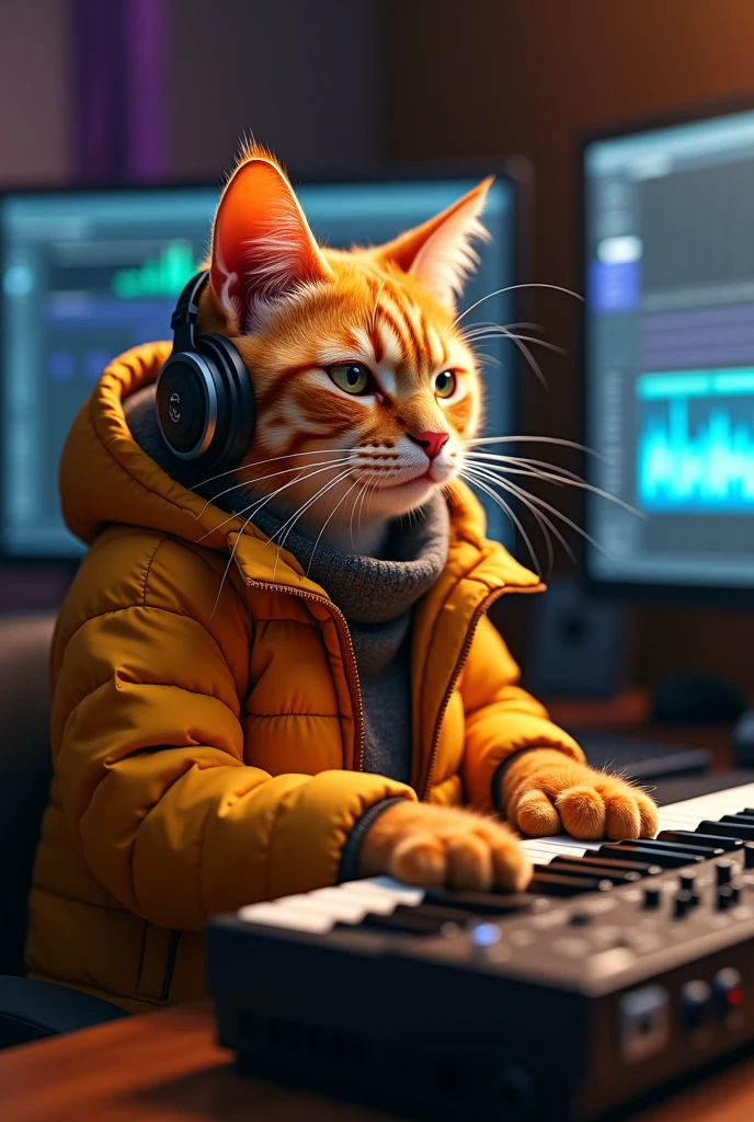 Humanoid orange cat playing a song in front of a professional akai 88 mpc midi keyboard ,put on headphones,He is wearing a warm jacket, This cat looks more like a person ..He is sitting in front of a screen where you can see that he is using FL Studio 20 from Image Line as his favorite DAW.,He is an expert in producing music and playing the piano.... is a professional music producer