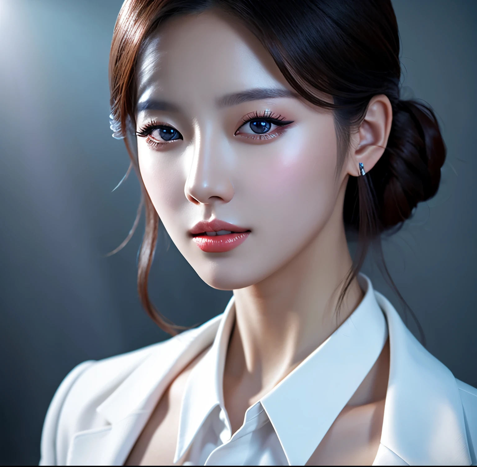 Close up portrait of woman in blue suit and white shirt, Elegant digital art, High-quality portraits, Shiny digital painting, Digital Art Images, Beautiful digital art, Elegant digital painting, Portraits of Korean female idols, Beautiful digital painting, Realistic cute girl drawing, high quality digital painting, TWICE&#39;s Tzuyu, Professional Profile Photo, Korean Girls