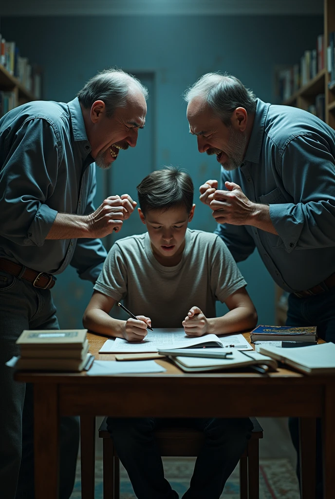 Father and mother yelling at their son studying