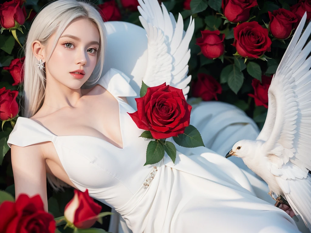 White heart, big white bird, red rose 
