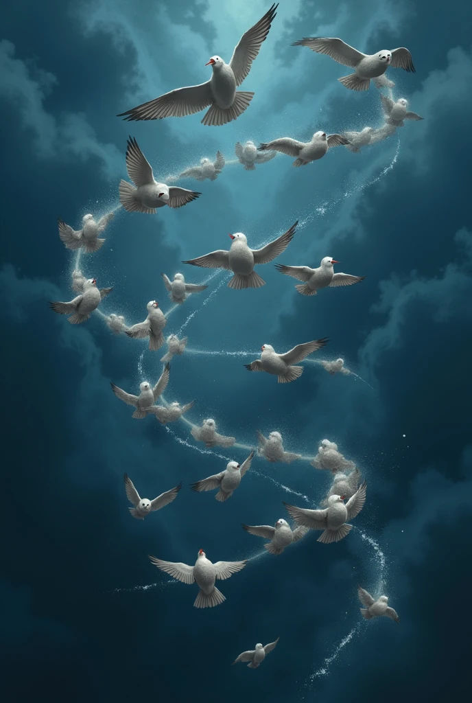 Swirl of birds with dark blue sky and babies falling from the sky laughing