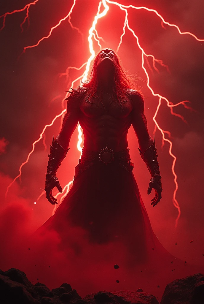 Make a tall muscular man with long hair and blonde hair, with black pants and boots , that his body is covered with tattoos of red demonic symbols, They have red energy powers by raising their hands while holding energy coming out of their hands and looking at the dark sky with a cosmic dark eye, around the eyes there is black smoke