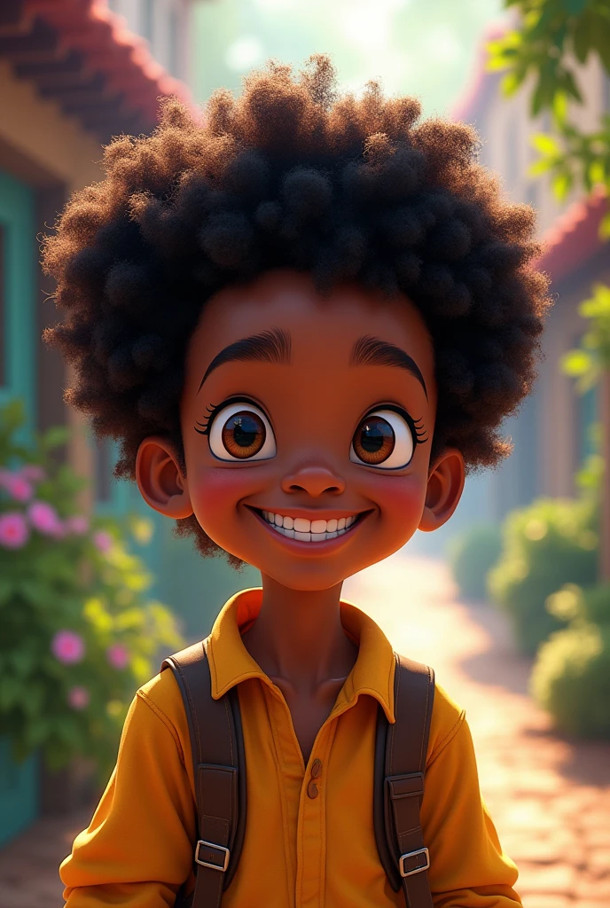 create a Disney style character, The features are: a black boy with long curly hair
