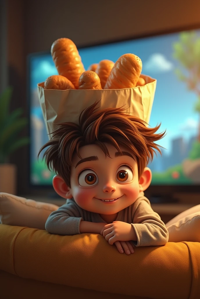 A picture of a boy with a bag of bread on his head sitting on a couch with a video game screen in the background.