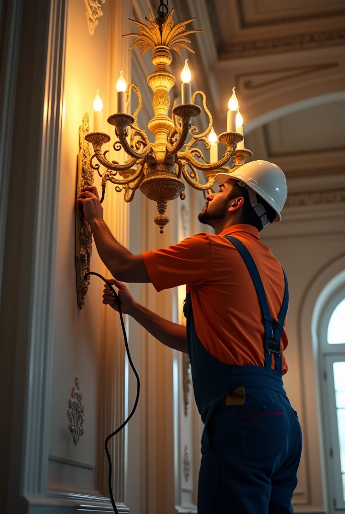 An electrical technician changing a chandelier