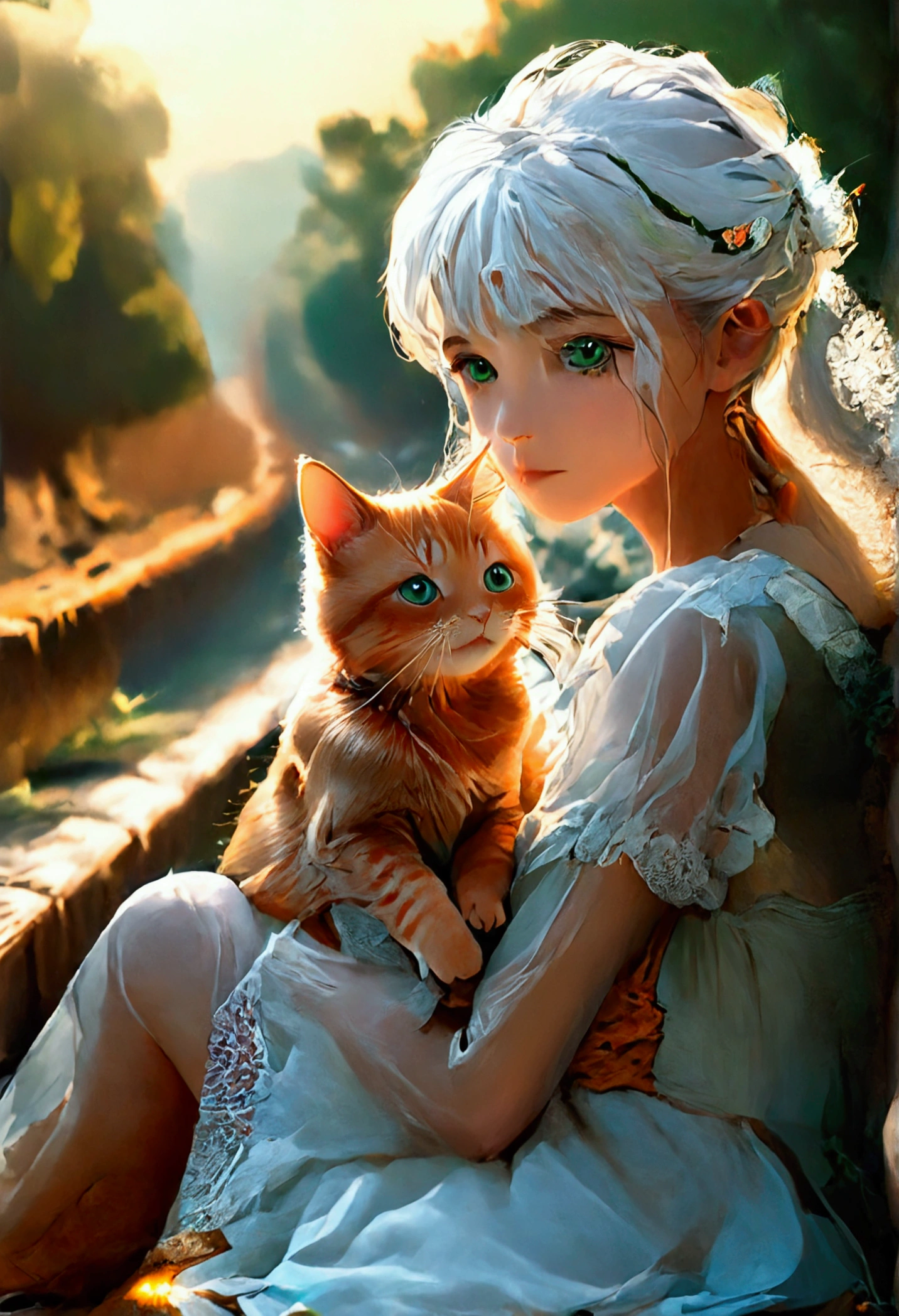 woman,Sitting on the slow track,white hair,Side ponytail,green eyes,Wearing a white dress.,Wear socks to cover your feet.,Holding an orange cat in hand,looking towards the viewer,