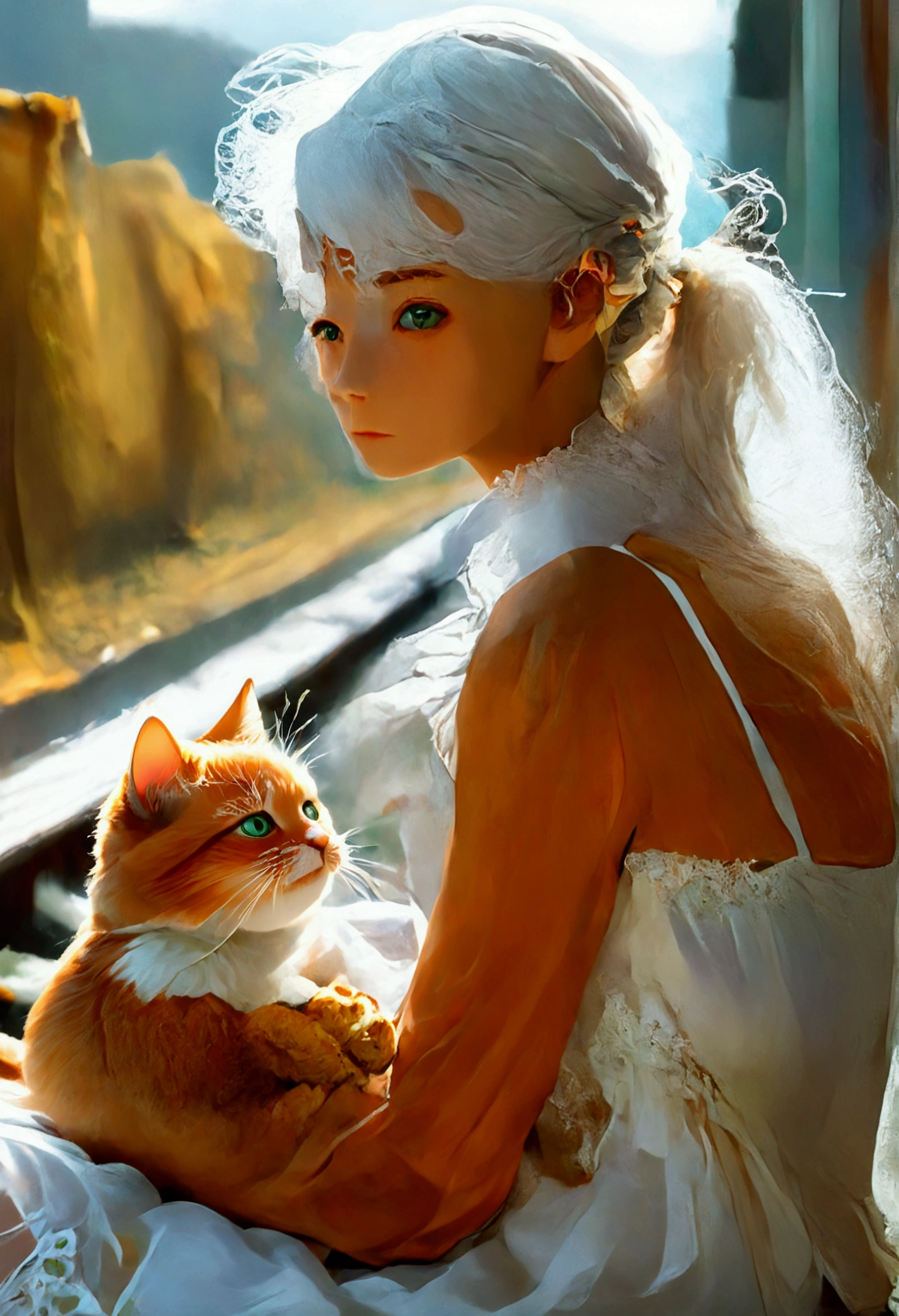 woman,Sitting on the slow track,white hair,Side ponytail,green eyes,Wearing a white dress.,Wear socks to cover your feet.,Holding an orange cat in hand,looking towards the viewer,