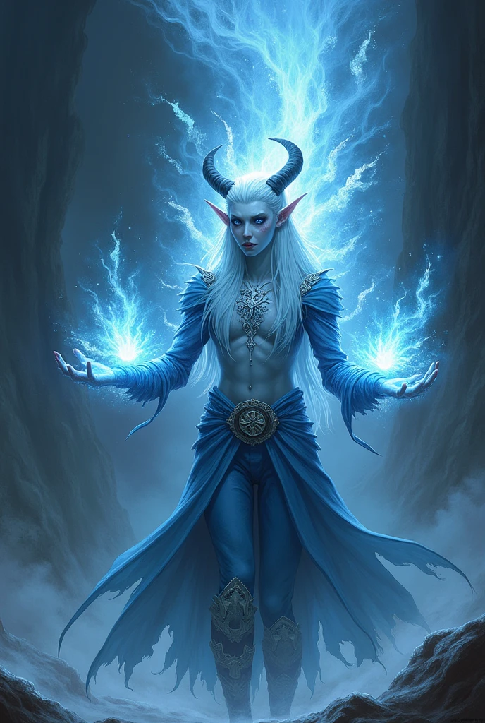 Un tiefling de dungeons & dragons, White skin, White hair, blue eyes, launching a beam of ice from his hands