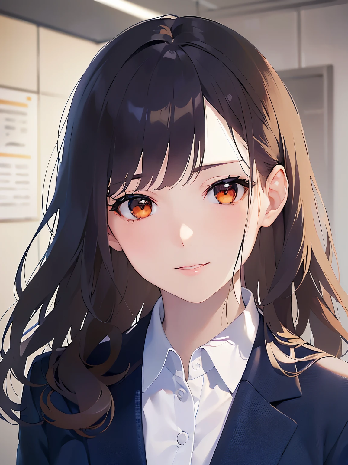Close-up of your face, Realistic, real person, (pale skin: 1.2), RAW photo, photorealistic, shiny skin, shiny hair、(A 25-year-old woman with medium-length hair and bangs) and (wavy hair) and (brown hair) and (orange eyes) , BREAK (Navy blue business suit:1.5) and (white collared shirt) BREAK、smile, Background is an office room、Alone、Are standing
