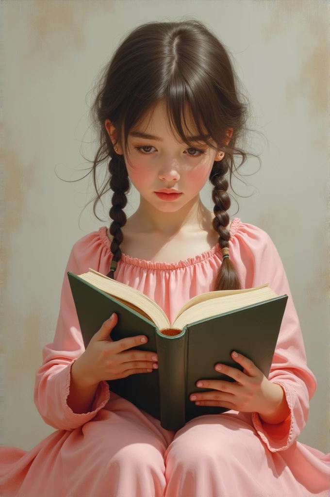 A girl reading a book in front of a school blackboard, detailed portrait, beautiful detailed eyes, beautiful detailed lips, extremely detailed face, longeyelashes, 1girl, traditional art, oil painting, masterpiece, highly realistic, photorealistic, 8K, HDR, professional, warm color tones, natural lighting, classroom interior, wooden desks, chalkboard, textbooks, backpack