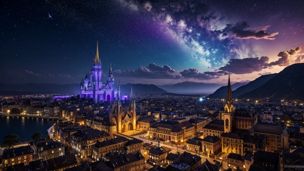 A large medieval fantasy city renowned for its radiant beauty and magical prowess. After the Convergence, a massive celestial fragment called the Heart of the Stars crashed nearby, casting the city into perpetual twilight. Now, Lumis is a city of eerie beauty, with its gleaming towers and the fragment’s unstable magic causing reality to warp unpredictably. Key locations include the partially ruined Radiant Palace, the bustling Twilight Market, the collapsed Shimmering Tower, and the bioluminescent Celestial Gardens.
