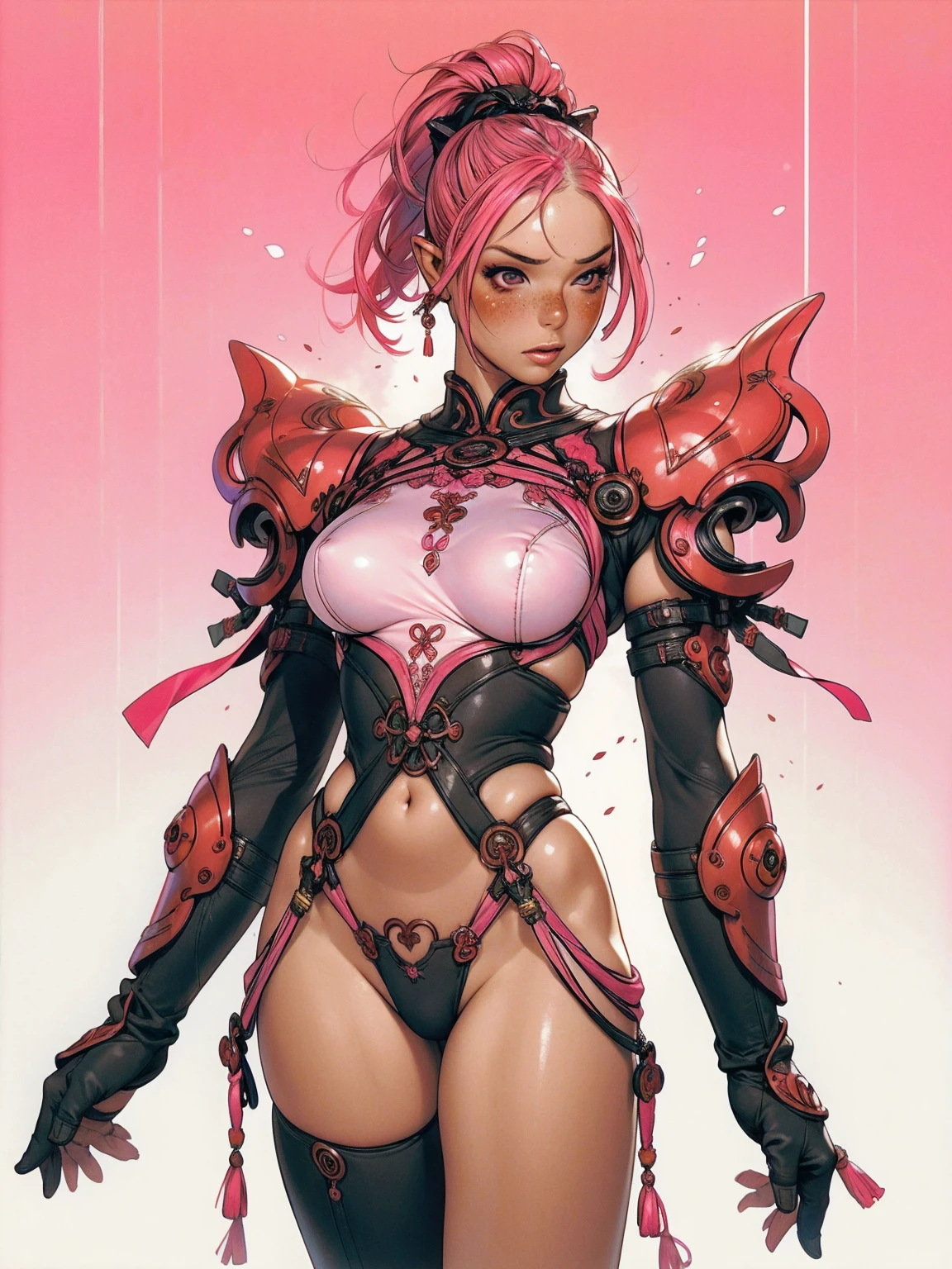 (best qualityer))), (((manga strokes))), (((pink hair with red highlights))), uma Kizi elfo com orelha pontudas em uma floresta densa, with arms covered in rustic metal articulated armor, breasts covered with bands, tiny thong thong, perfect fitness body, perfect face with blush, freckles, skin shiny with sweat, dynamic pose, moving between the trees, looking back, fugitive, bitter face on my thigh, nude belly, fantasy atmosphere, sexly, manga strokes, High definition, (((best qualityer: 1.4))), (Unbeatable masterpiece), (hiper HD),(CG 8k hyper-realistic), Kizi, (((standing alone)))