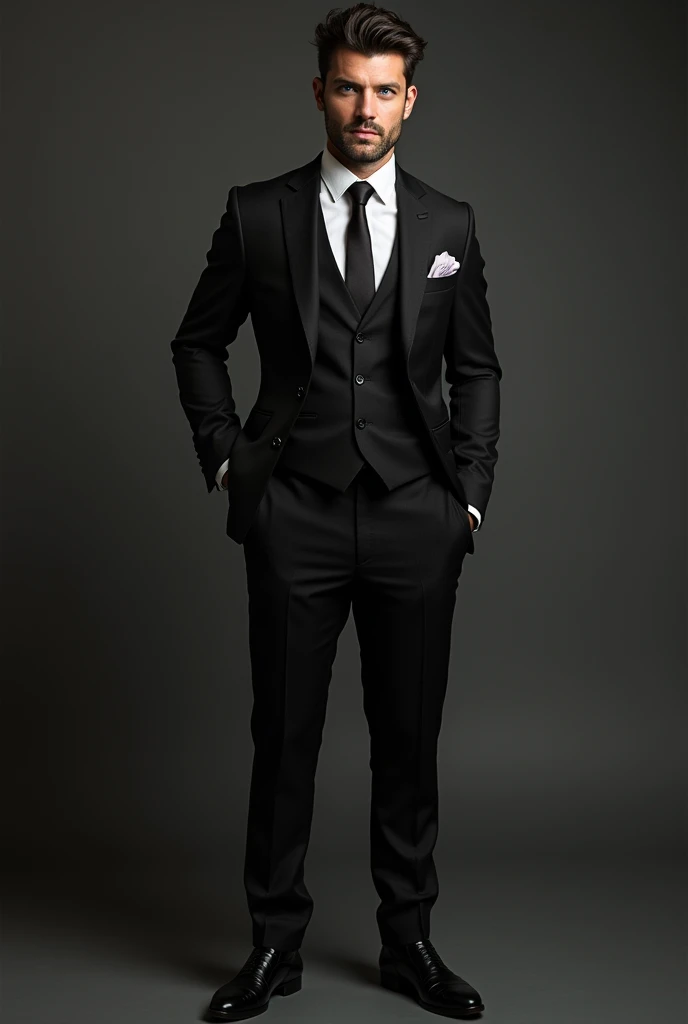 A blue-eyed man in a black suit and attractive