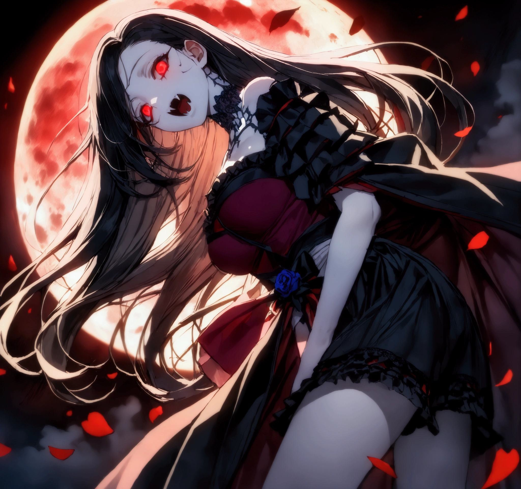 
quality\(masterpiece, best quality,8k,wallpaper of extremely detailed CG unit,hight resolution,top-quality,top-quality real texture skin,hyper realisitic,increase the resolution,RAW photos,best qualtiy,highly detailed,the wallpaper\), BREAK ,(1couple\(1vampiress embracing 1victim\):1.4), BREAK ,1vampiress\(1girl,young,teen, black hair, long hair,floating hair, beautiful hair, shining hair, (sharp fangs),open mouth, red eyes, glowing eyes, big eyes, frilled shirt, gothic cape, gothic frilled skirt, gothic black boots, tall,breast,pale skin,floating in sky\), BREAK ,1victim\(1girl,small,listlessness,warped back,silver hair,long hair, hospital gown ,eyes closed,skinny,short,breast,weak,pale skin,silver eyes,bloody neck\), BREAK ,background\(very dark night, beautiful full moon,red moon, many red roses, thorn (ivy:1.3), rose petals in the sky\),close-up 1couple,dynamic angle,from below
