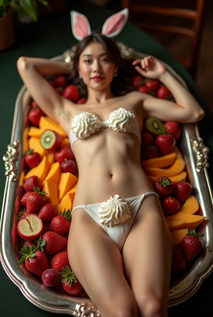 score_9, score_8_top, score_7_top, score_6_top, score_5_top, very beautiful naked woman, (knees bent and thighs raised with legs spread wide: 1.5 ), (lying on her back: 1.6), covered in whipped cream (all body decorated with sliced ​​fruit, banana on crotch, strawberry on nipples, breasts, nipples and crotch covered generously with whipped cream to hide nipples and vagina: 1.9), hands raised to show armpits, (cowboy shot:1.5, shot from above, close up on woman:1.75)、 (anatomically correct body structure), incredibly detailed,  highly detailed face, highly detailed lying body, ideal figure, smiling face, luscious lips, piercing eyes, perfect skin, tight waist, large breasts, dramatic lighting, glossy finish, natural colors, cinematic composition, elegant, sensual and erotic, photo