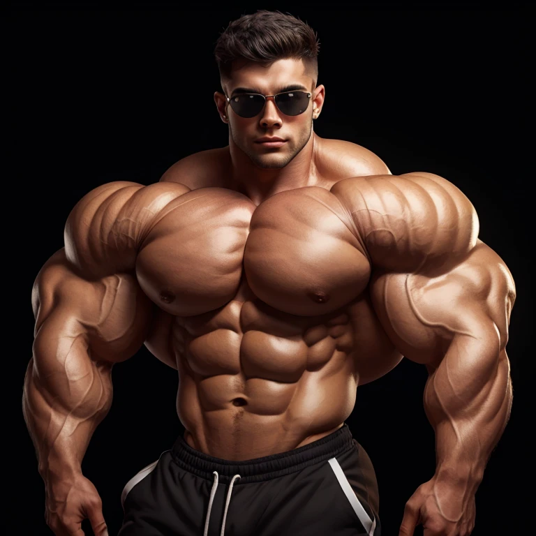 gay, style, muscle, bodybuilder, a very handsome young man, sunglasses, shirtless, exaggeratedly muscular, exaggeratedly muscles, on a black background