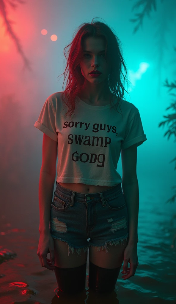 girl in (fetishistic ethnic pattern black shiny rubber stockings:1.2) and denim cut-offs and washed t-shirt with "sorry guys, swamp only" label, stuck in bog, red fog, blue green fog, red lips