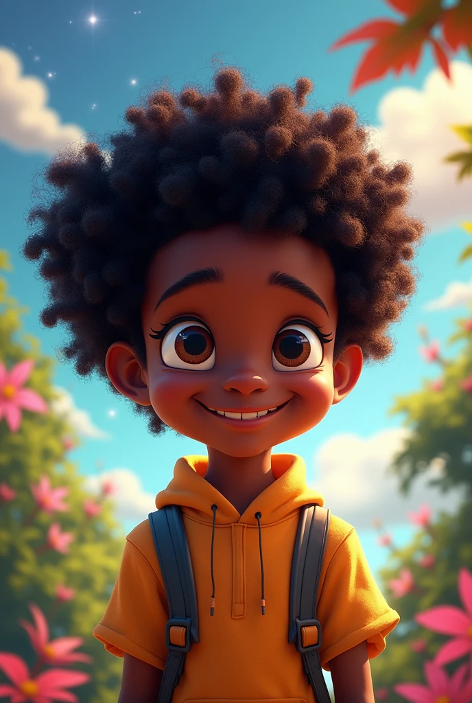 create a Disney style character, The features are: a black boy with long curly hair