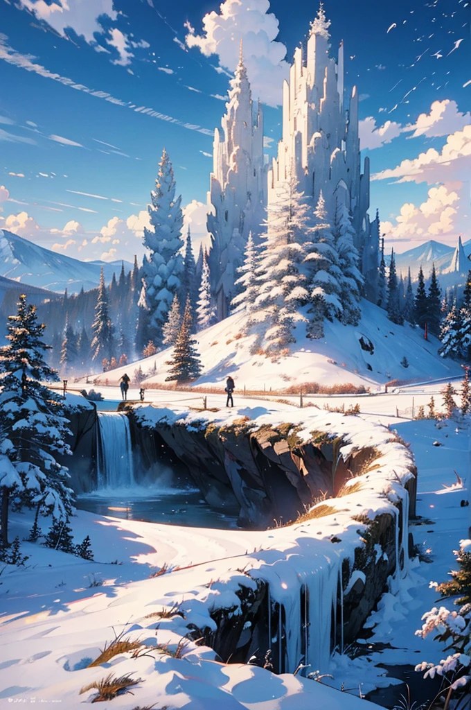 A hyper-realistic, highy detailed, and high resolution 16k image of a landscape, forst, anime styling, com neve, ao por do sol, 8k, best qualityer.