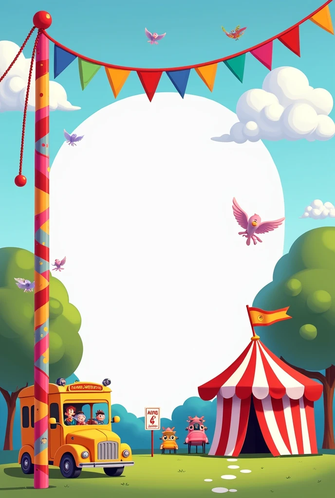 Create a cartoon style birthday invitation with the theme "Amusement park". The invitation must include the following information:

name: Age: 3 years Date: November 14th Schedule: 5pm Local: Game Station at Costa Dourada Shopping Mall Message: "Por favor, confirm your presence."
Gift suggestion: "Clothes size 4 years, shoe size 25/26 or educational toys."
Design should be colorful and fun, refletindo a alegria de um Amusement park.