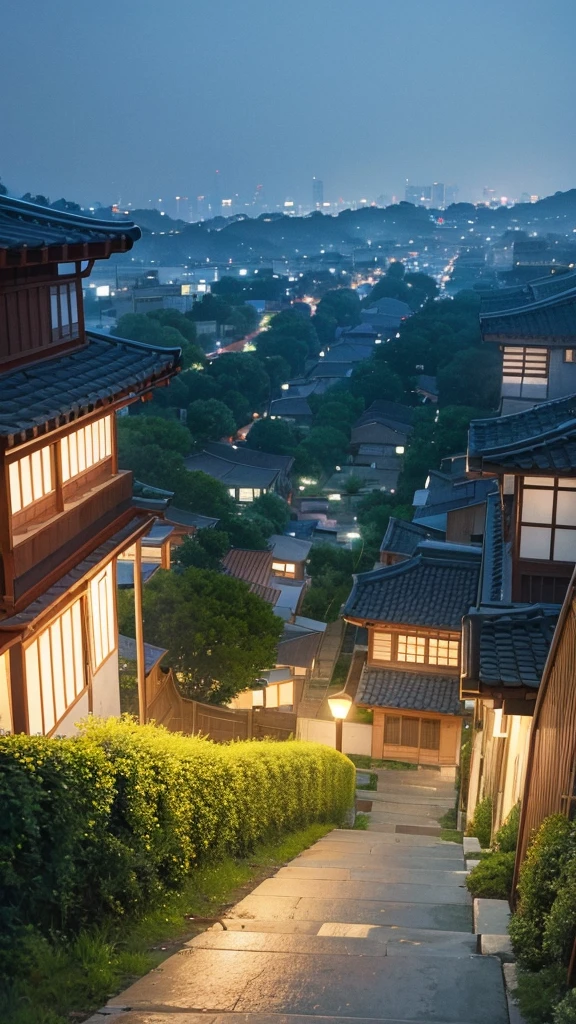 A view from a distance of a Korean house with bushes on the sides. With very bright and warm colors. There is rain and a street lamp lights up the street. There is a cat at the door