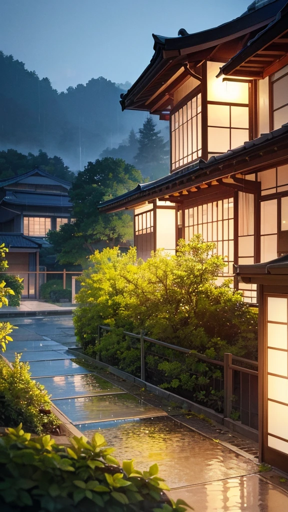 A view from a distance of a Korean house with bushes on the sides. With very bright and warm colors. There is rain and a street lamp lights up the street. There is a cat at the door