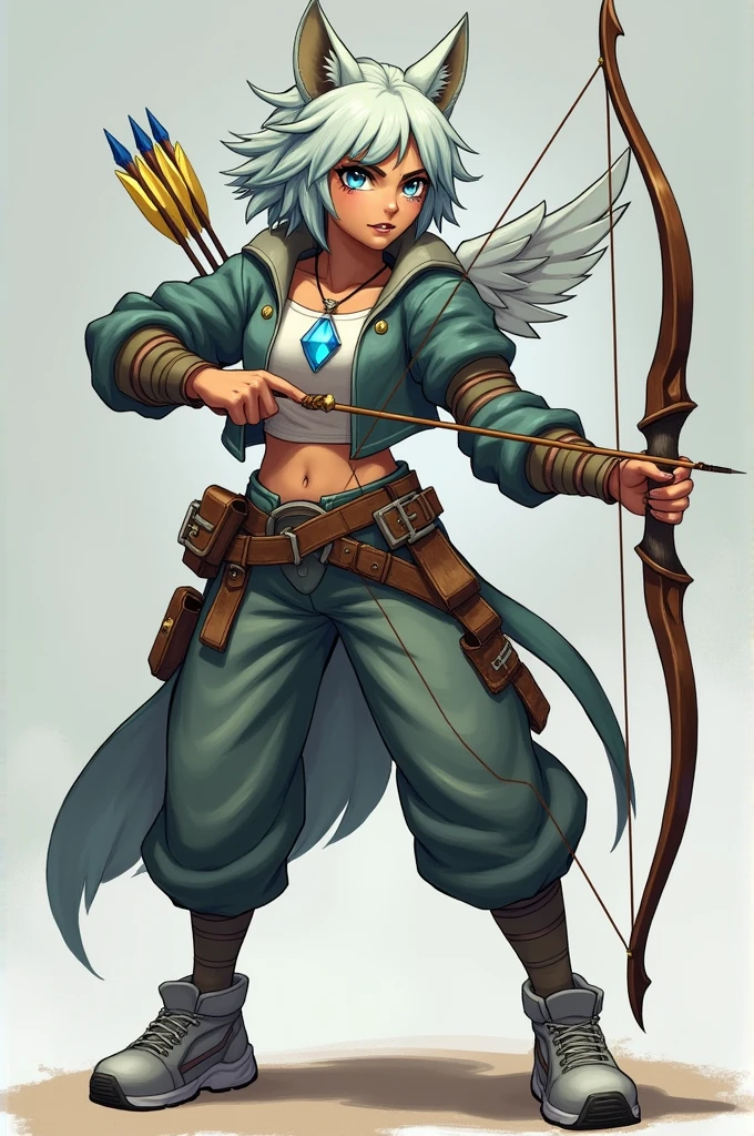 ((Best Quality)), ((masterpiece)), (detailed), {original}, {realist}, Girl, (Masterpiece of art), (ultra quality), Girl cabello cortito, adult, fury face, linda, beauty, flat nose, parts, introvert, beautiful, short hair, multicolored fur, cyan sapphire pendant, whole body, defensive pose, semi on knees, elegance, light blue eyes, survivor, costume with wings, Long pants, sneakers, socks, stitched ears, Elf's ears, Bow and arrows, attacking, Attack position,