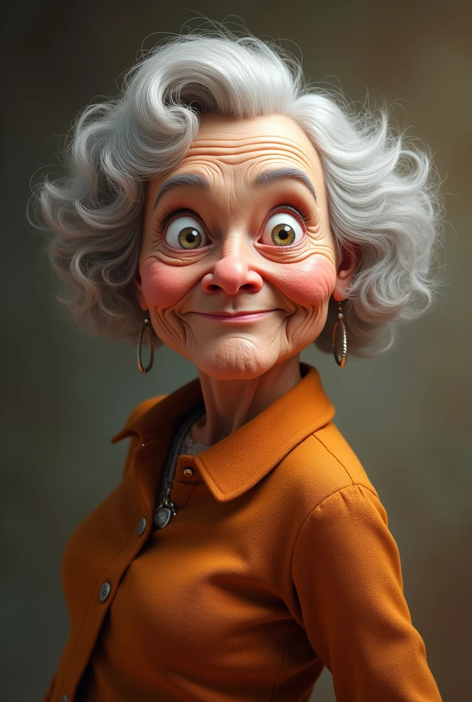 Generate a hyperactive 76-year-old grandmother putting her hands together behind her back, one from above and the other from below.