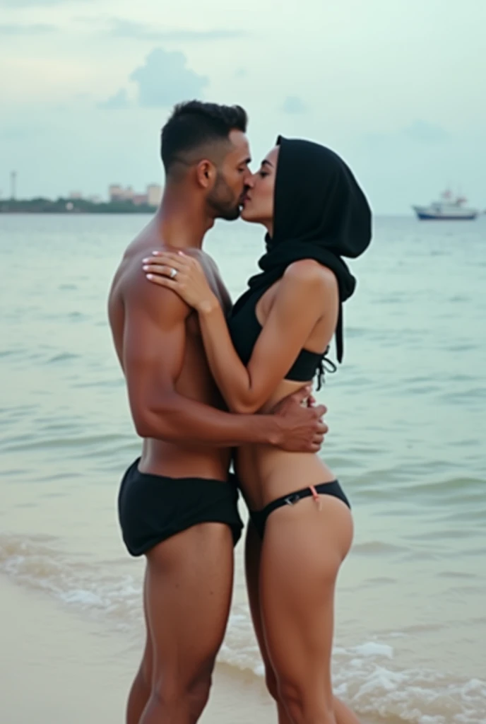 hijab, black bikini, Barefoot woman kissing her boyfriend on the beach