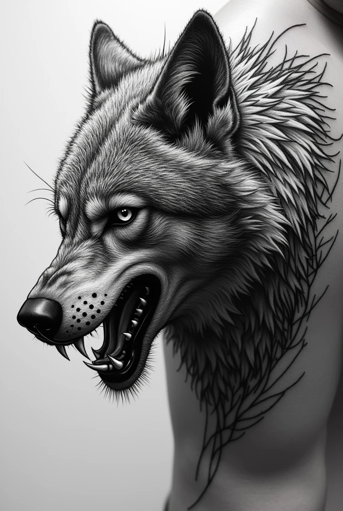 Create a pointillism tattoo of Fenrir the wolf of Valhalla on his side in black and white black and white sketch