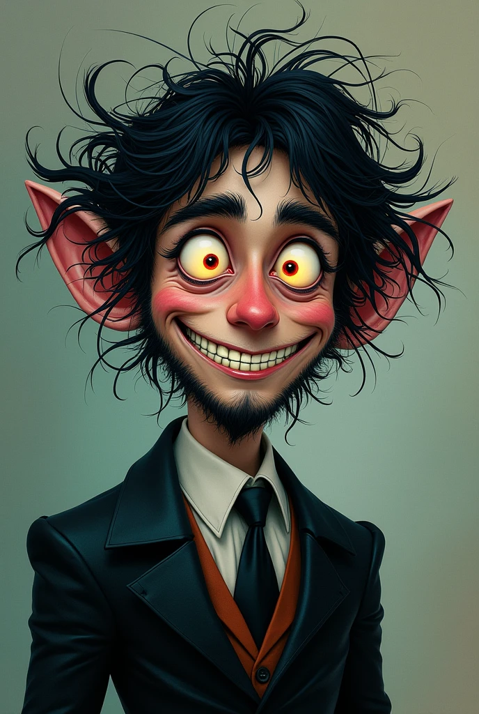 a mysterious and enigmatic man, with a wide and permanent smile, always ready to drop a sentence full of double meaning or disconcerting wisdom. He would have messy hair and maybe even a little frizzy., reflecting its unpredictable nature. His eyes would be bright and cunning, of a tone that seems to change depending on the light, capturing the essence of their whimsical character and always one step ahead of others.

He would dress eccentrically, with clothes that mix elegance with a touch of chaos – perhaps a striped suit in shades of purple and lilac, evoking the cat&#39;s fur. Their movements would be fluid and almost feline., giving the impression that he could disappear or appear anywhere at any time. Your voice would be soft, but with a mesmerizing hue, always leaving people in doubt whether to trust him or not.