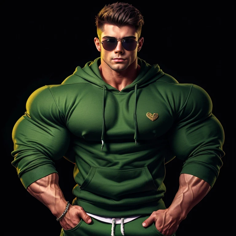 gay, style, muscle, bodybuilder, a very handsome young man, sunglasses, wearing a green sweatshirt, exaggeratedly muscular, exaggeratedly muscles, on a black background