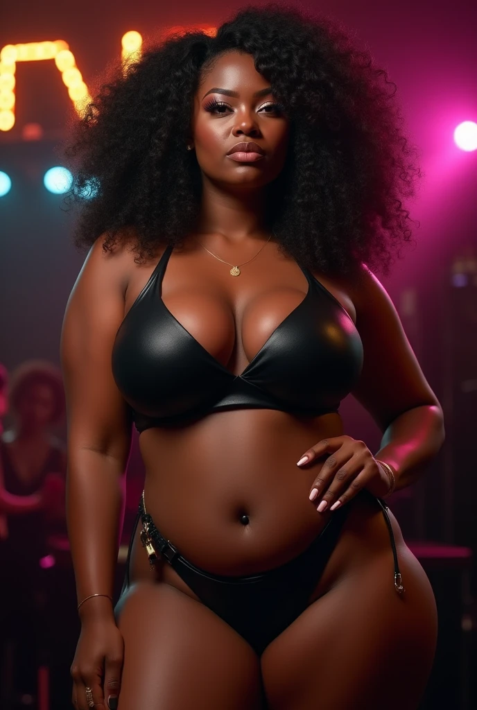 there a woman with a red afro playing a video game, an album cover by Nele Zirnite, pexels, fine art, performing on stage, doja cat, exposed thighs, widest hips, insanely inflated hips, looks like fabiula nascimento, large thighs, thick thighs, large hips, curvy accentuated booty