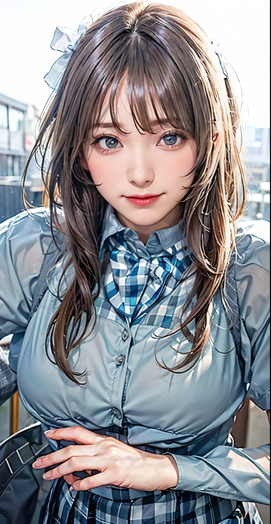 (masterpiece:1.2, top-quality), (realistic, photorealistic:1.4), beautiful illustration, 
looking at viewer, cowboy shot, front view:0.6, 
1 girl, japanese, high school girl, (long hair:1.5), blown hair, (hime cut), bangs, hair between eye, large breasts:0.8, 
beautiful hair, beautiful face, beautiful detailed eyes, beautiful clavicle, beautiful body, beautiful chest, beautiful thigh, beautiful legs, beautiful fingers, 
(beautiful scenery), , in train,
((collared short sleeve shirt, white shirt, , grey plaid pleated skirt, blue plaid bow tie)), white panties, 
(walking, standing, carrying school bag, hands on chest, hand between legs), 
smile, ,