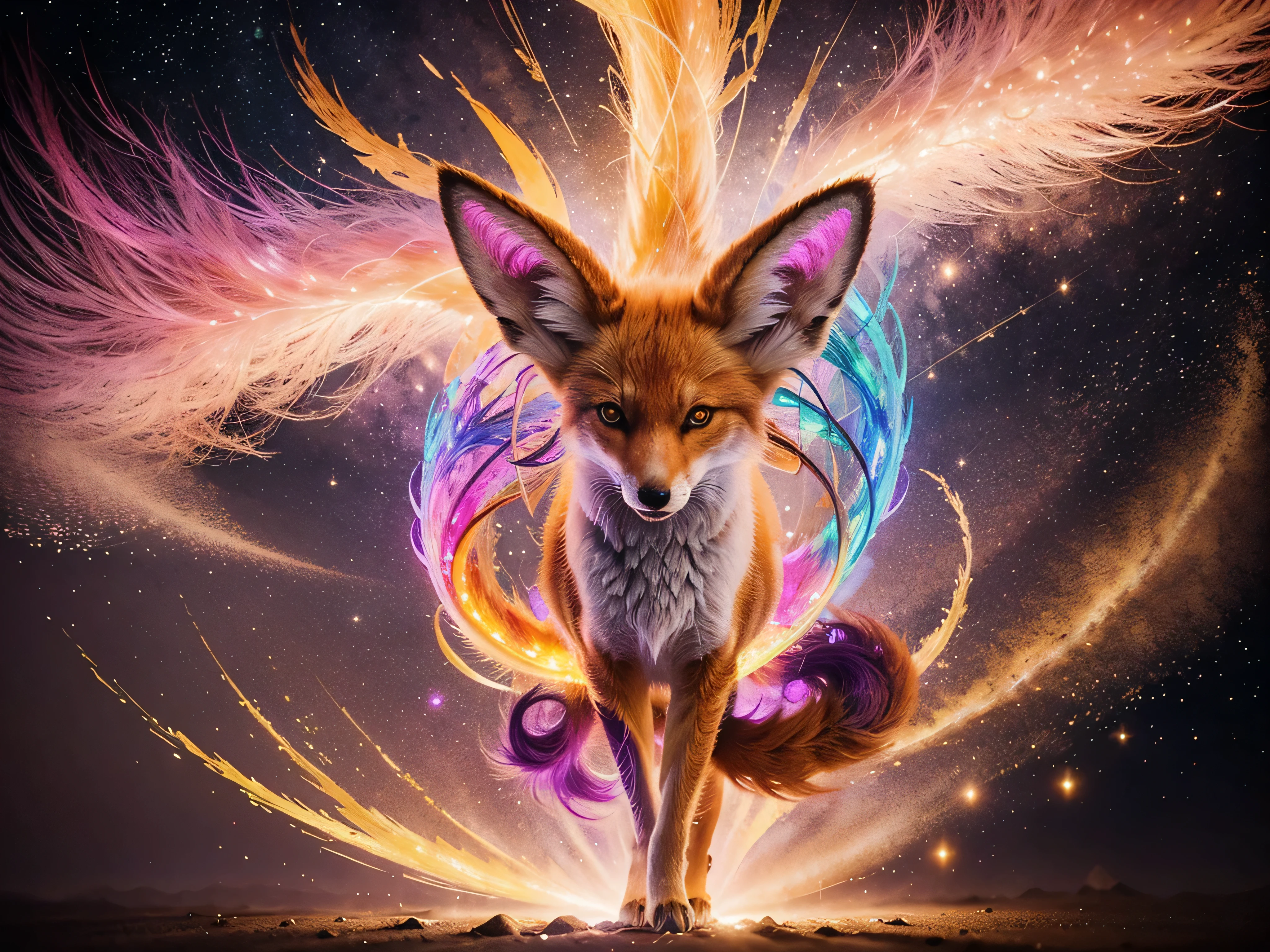 A kitsune with chromatic radiant fur, shimmering in hues of pink, purple, and gold, its nine tails gracefully waving in a watercolor painting. The main subject is a mythical fox spirit from Japanese folklore, depicted in a stunning piece of art. Every brush stroke is meticulously done, capturing the ethereal beauty of the creature in vivid detail. The colors blend seamlessly, creating a mesmerizing and enchanting image that transports viewers to a mystical realm.