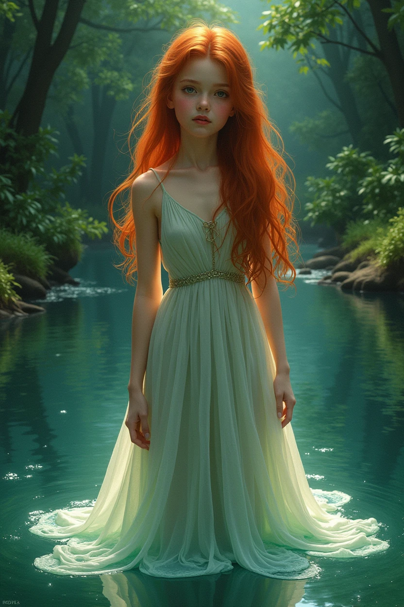 (masterpiece, Highest quality), ((One girl, alone, Long Hair)), Ishmael_edge, Innocent look, Bare arms, Exposing shoulders, Bare neck, watercolor, Sundress, Liquid clothing, water, Wave, water dress, green_theme, night, haze, dark, Sharp focus, river, forest, See-through dress, red Hair