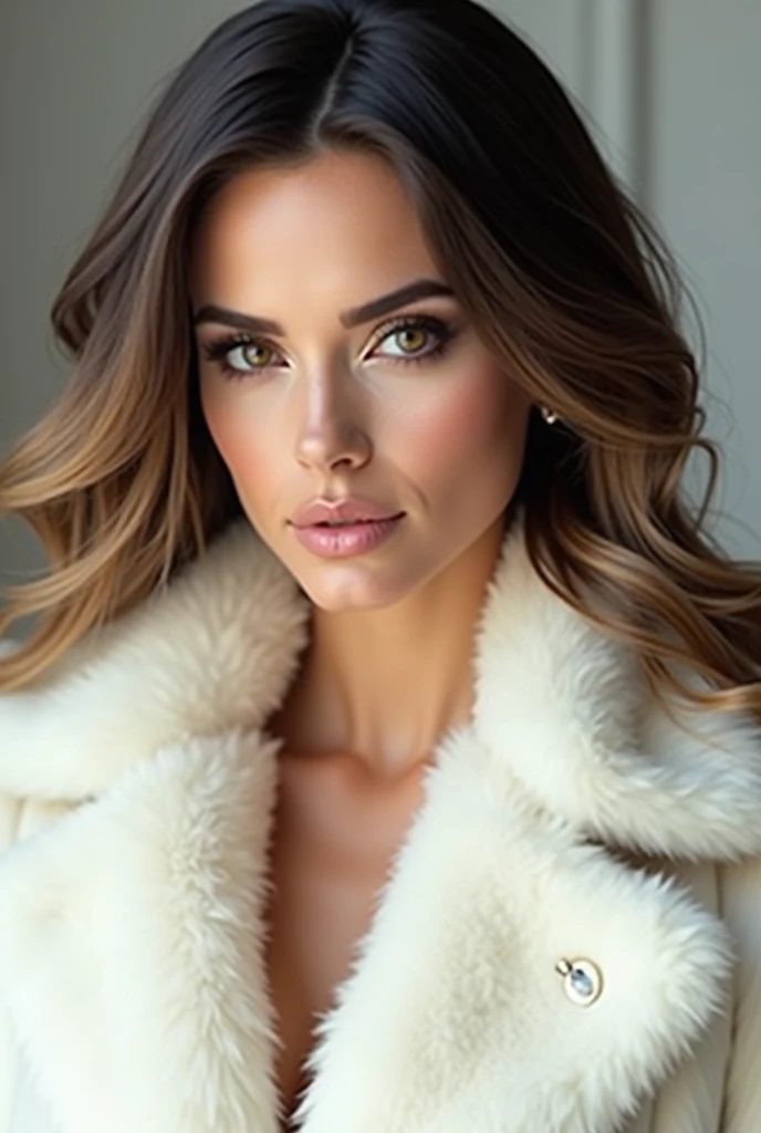 Brunette woman with blonde highlights who looks like Sophie Mudd wearing a white fur coat