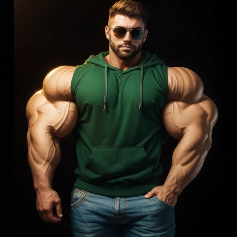 gay, style, muscle, bodybuilder, a very handsome young man, sunglasses, wearing a green sweatshirt with a white shirt underneath, exaggeratedly muscular, exaggeratedly muscles, with his hands in his pockets, on a black background, seen from the side in a cinematic angle