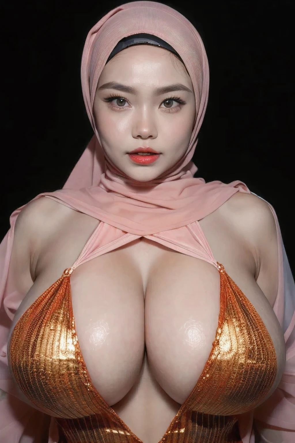 ((Red Lips)), Jumbo (Singlet), Chubby adorable, 1 girl, (face to face), , baby face, a face expression, half body portrait, (face details: 1), (eye details: 1), ((big breasts)). wearing transparent transparency soft long shirt, hijab, .. Cute posed. proportional body. Ultra High Res. realistic: 1.4, UHD, ((star pattern)), ((Bigger:2.7)), (((DARK BACKGROUND))) VIEW FROM SEDUCTIVE POSE