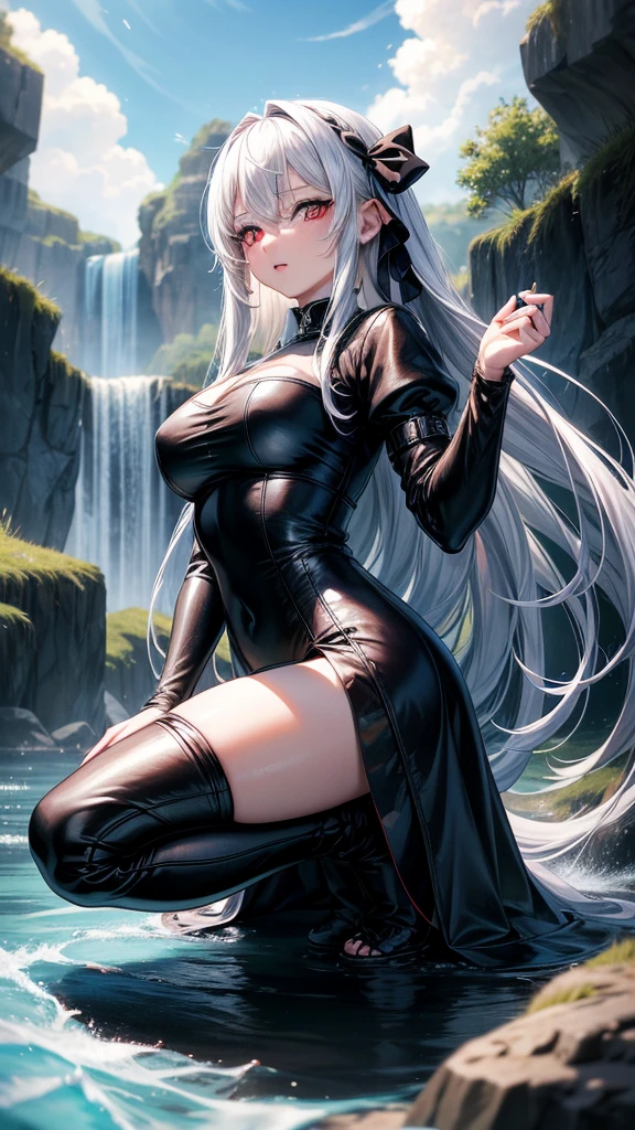 アニメ,  girl, {face perfect}, {long white hair}, {[dark red eyes]}, {asymmetrical eyes}, {perfect nose}, {visible lips}, {full body 5.0}, {black medieval leather dress}, {on your knees in a waterfall}

{8k image}, {128k ultra resolution}, {ultra quality 128k}, {128k high quality sharpness}
