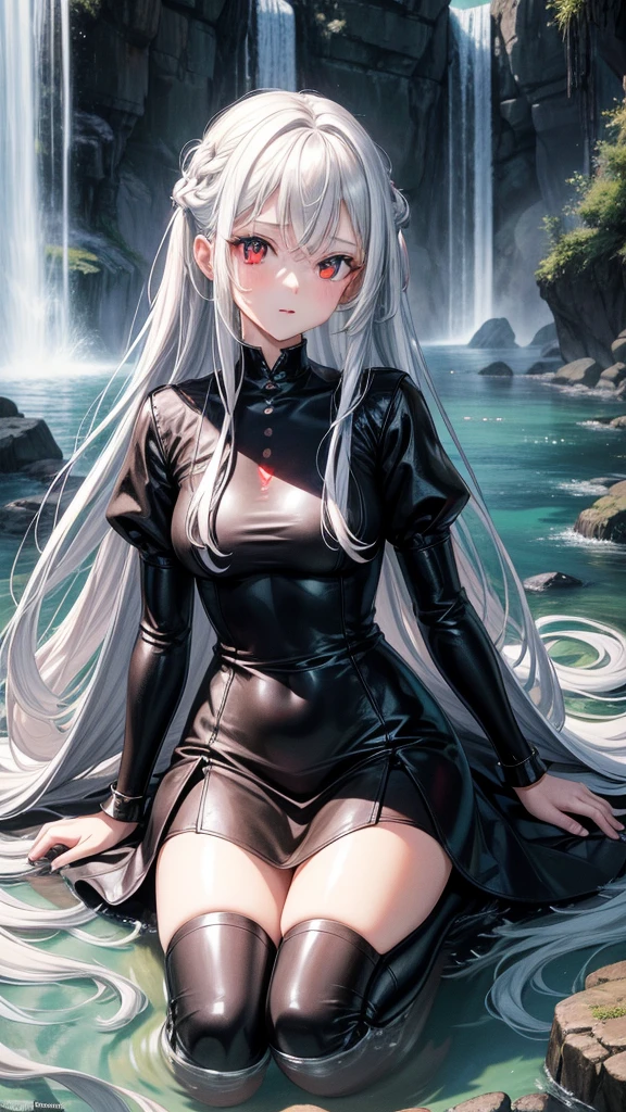 アニメ, 15 year old girl, {face perfect}, {long white hair}, {[dark red eyes]}, {asymmetrical eyes}, {perfect nose}, {visible lips}, {full body 5.0}, {black medieval leather dress}, {on your knees in a waterfall}

{8k image}, {128k ultra resolution}, {ultra quality 128k}, {128k high quality sharpness}
