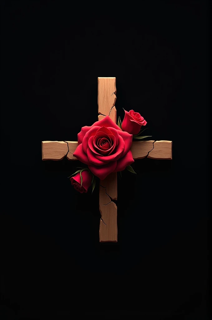 A black background, with a brown cross-shaped crack with red roses coming out of the middle in a minimalist logo style