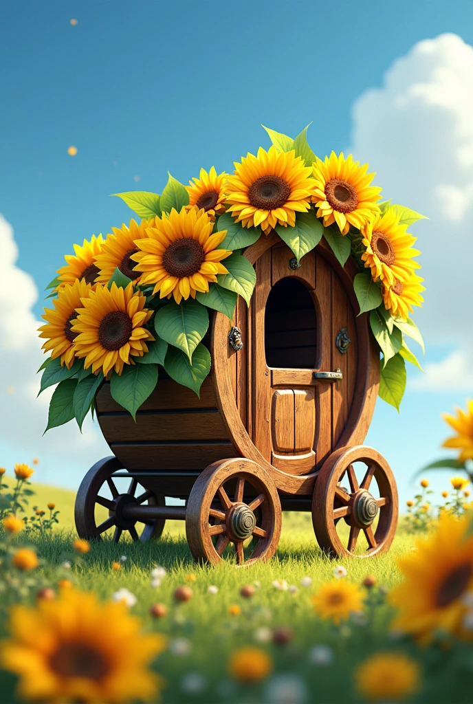 Create a sunflower cart with wooden wheels and honey fuel