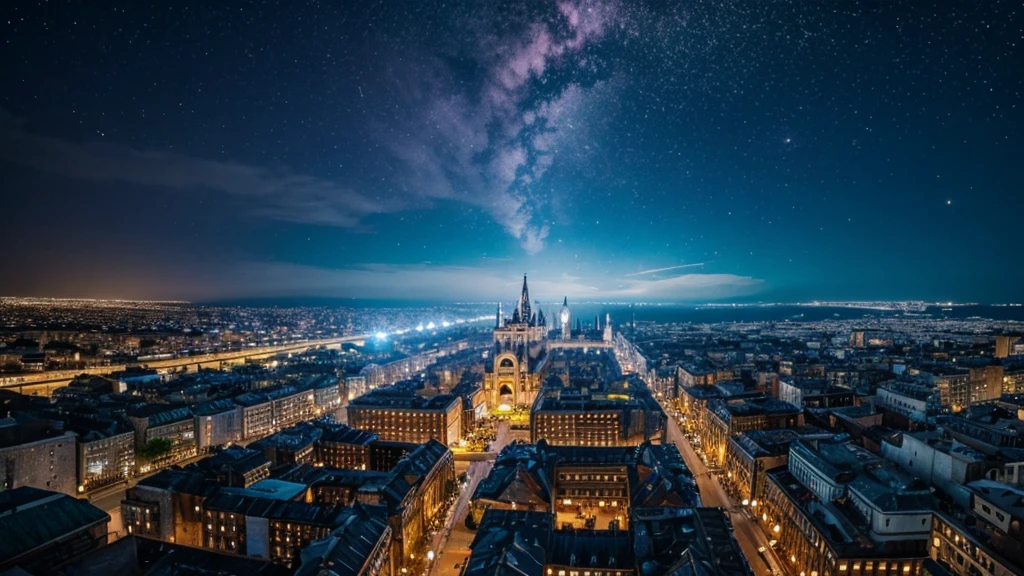 A top down perspective on a small medieval fantasy city renowned for its radiant beauty and magical prowess. a massive celestial fragment called the Heart of the Stars crashed nearby, casting the city into perpetual twilight. Now, a city of eerie beauty, with its gleaming towers and the fragments unstable magic causing reality to warp unpredictably. Key locations include the partially ruined Radiant Palace, the bustling Twilight Market, the collapsed Shimmering Tower, and the bioluminescent Celestial Gardens.